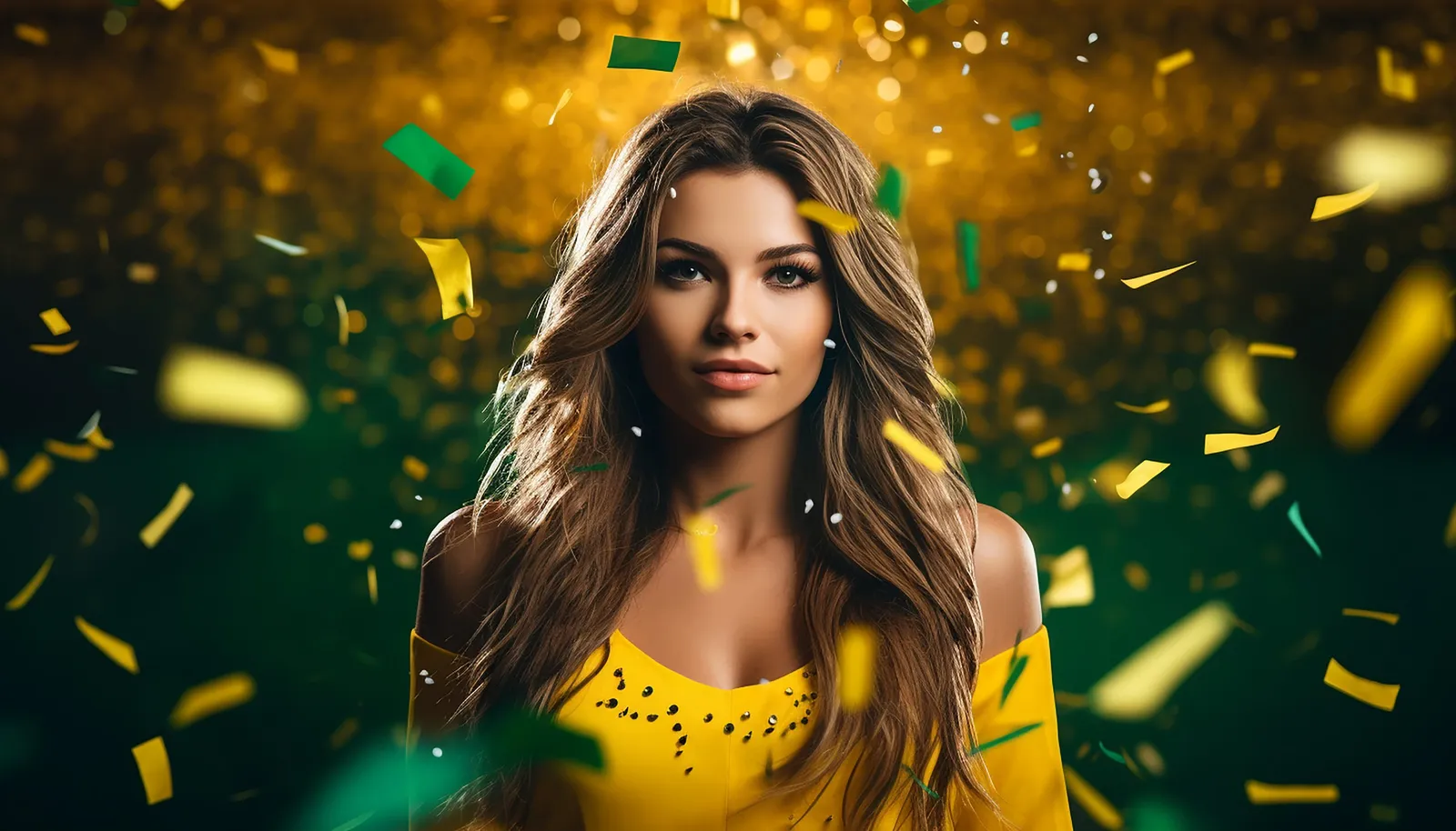 A woman in a yellow outfit poses as yellow and green confetti falls around her.