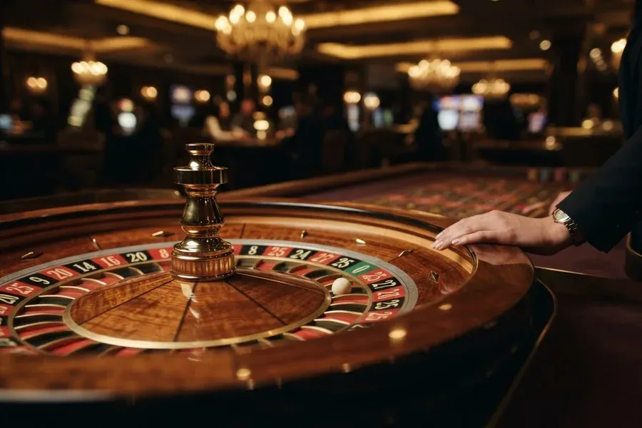 A hand rests on the edge of a roulette wheel in a warmly lit room.