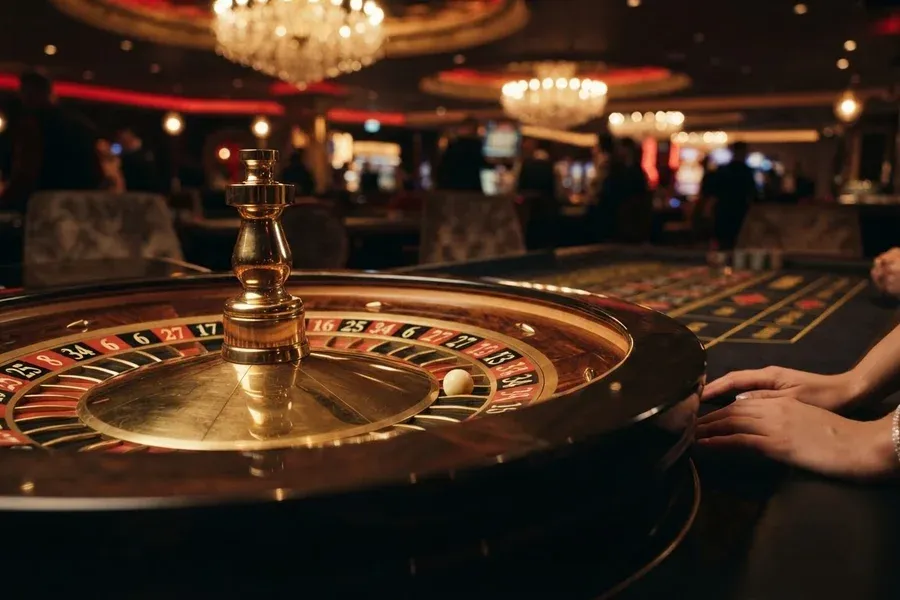 A roulette wheel with a ball sits under warm chandeliers as a person's hands rest beside the table.